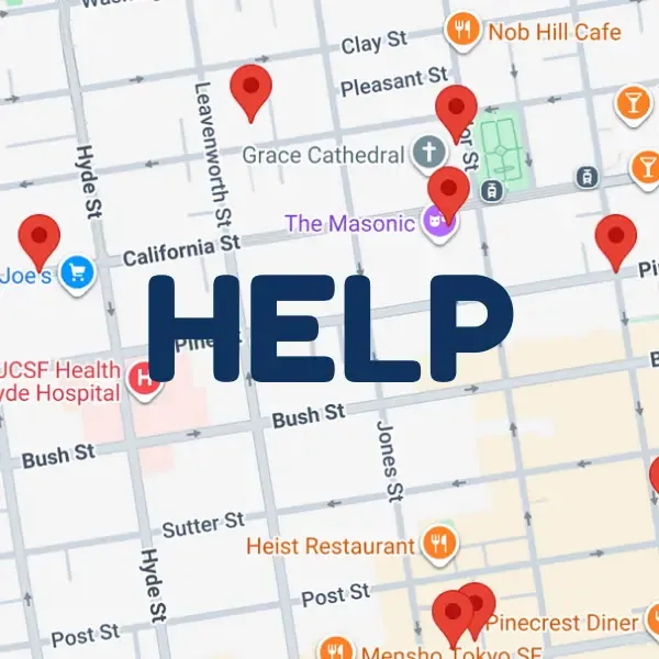 San Francisco street map with parking location pins and help overlay