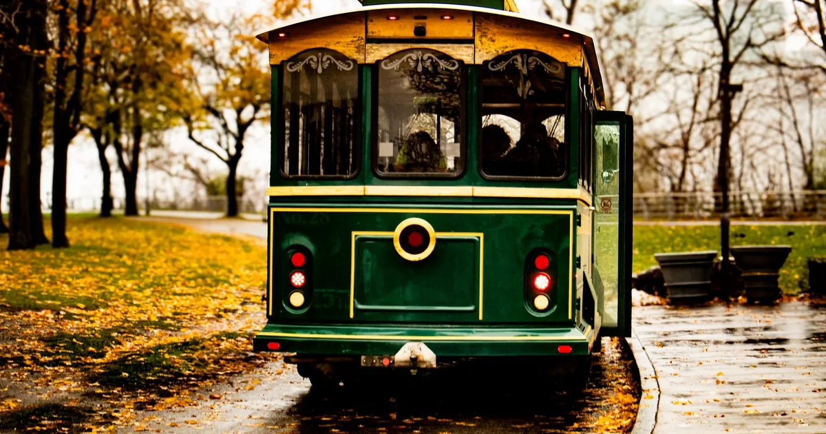 Green vehicle parked on a leaf covered path in a park setting.