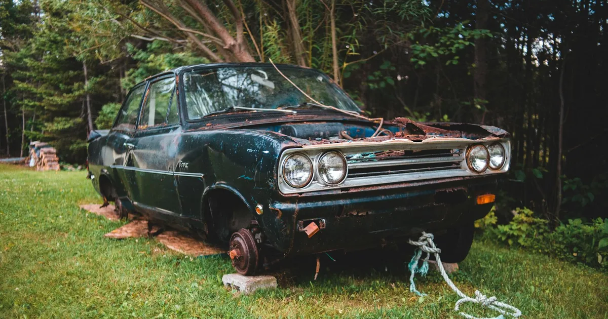 Old rusty car parked on grass surrounded by trees and vegetation.