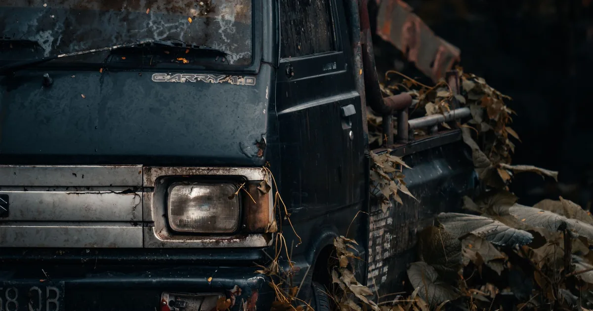Old vehicle partially covered by overgrown plants in a parking space.