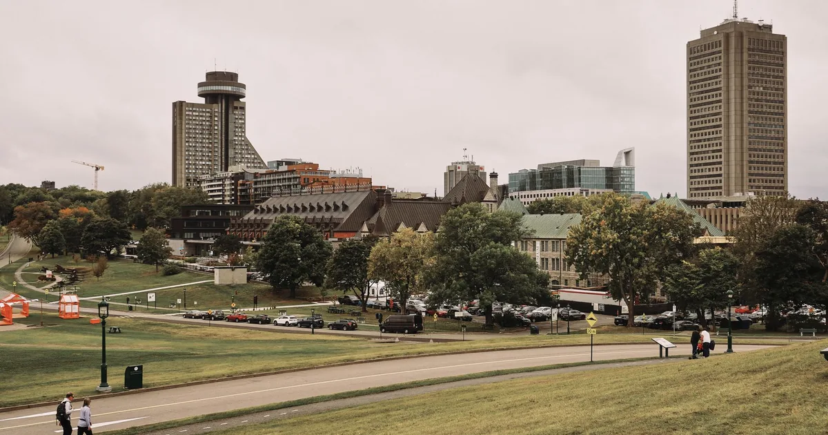 Parking area surrounded by trees and urban buildings in a city.