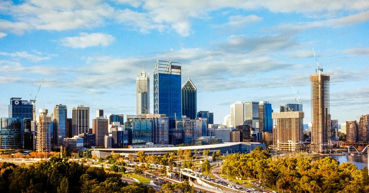 Parking area with a city skyline and modern buildings in the.