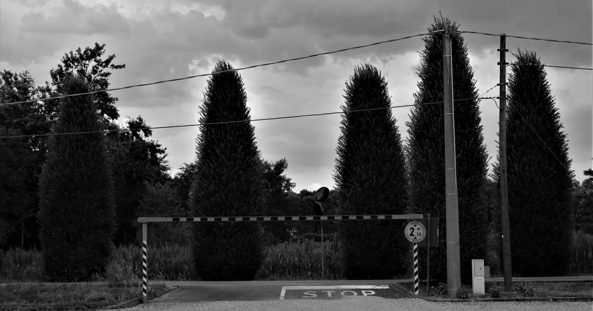Parking entrance with a barrier surrounded by tall trees and cloudy.