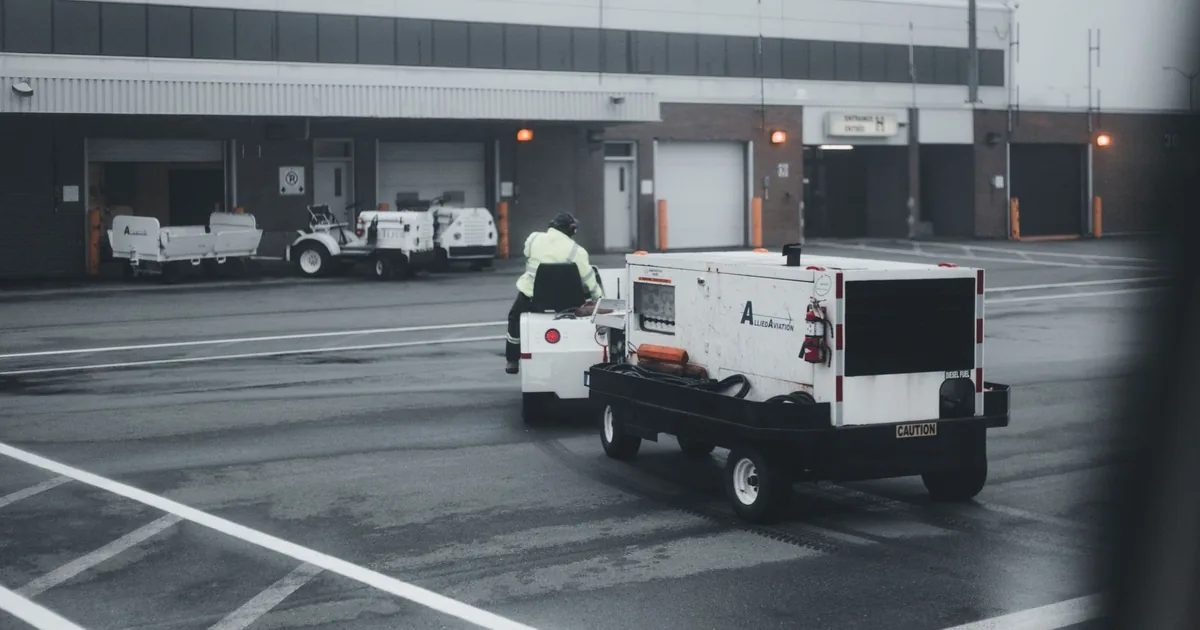 Parking lot with maintenance vehicles and marked parking spaces.