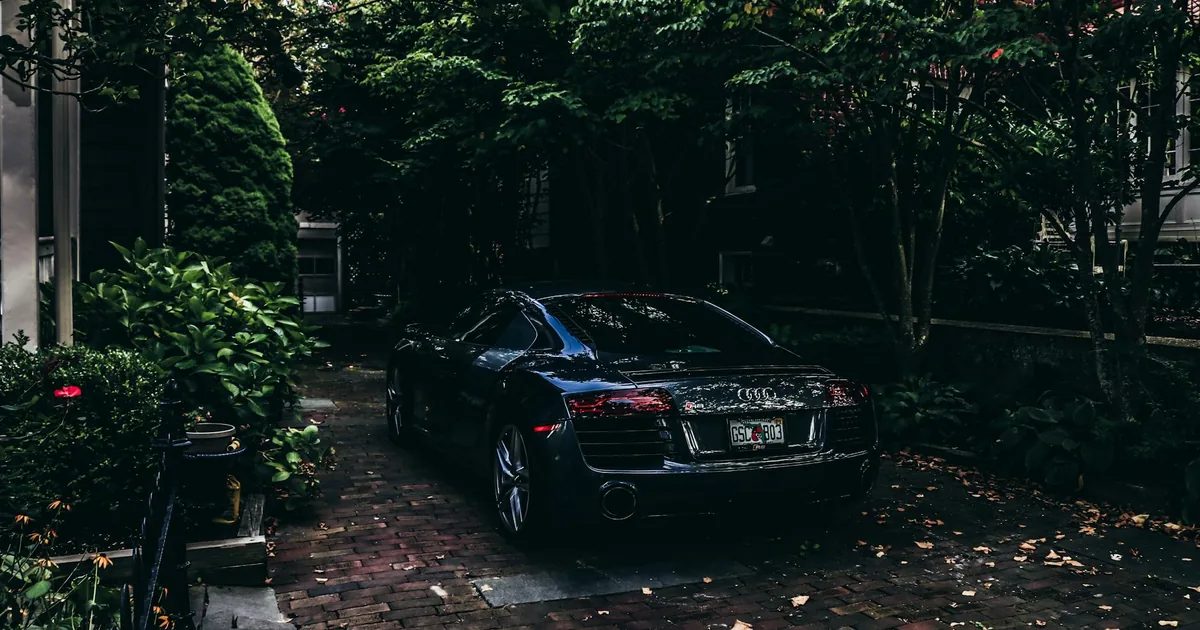 Sleek car parked in a shaded driveway surrounded by greenery.