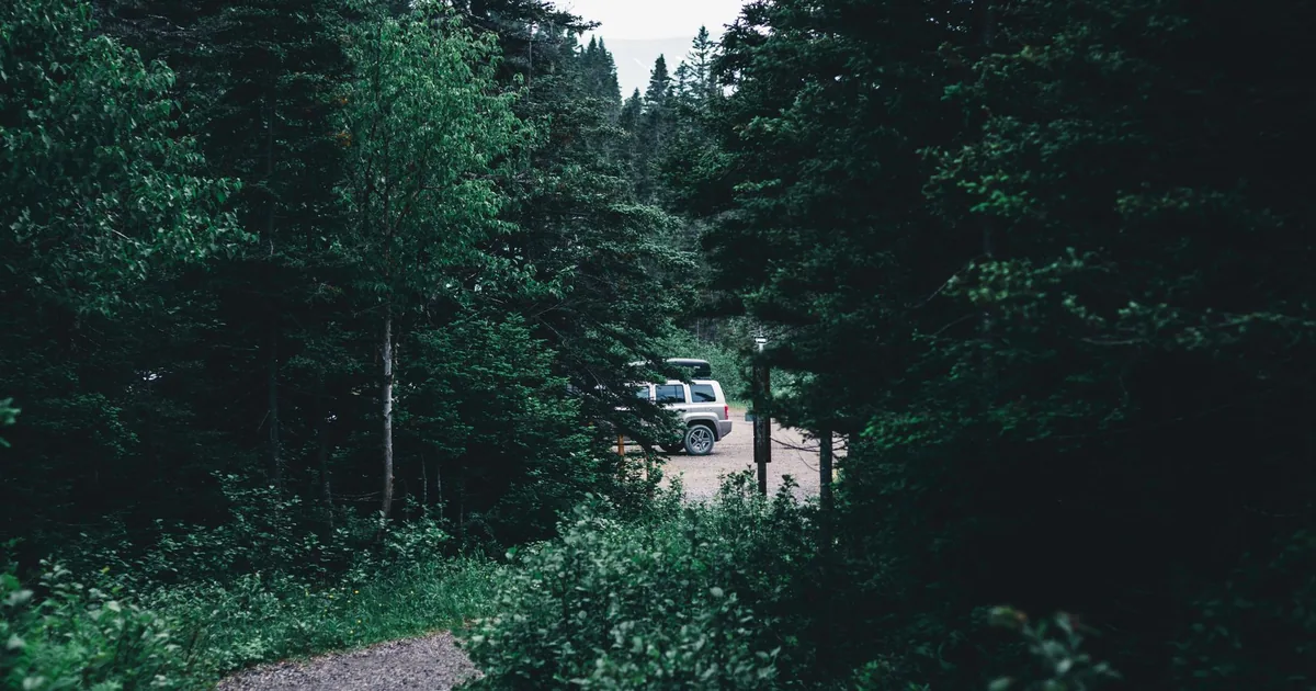 Vehicle parked in a gravel area surrounded by trees and greenery.