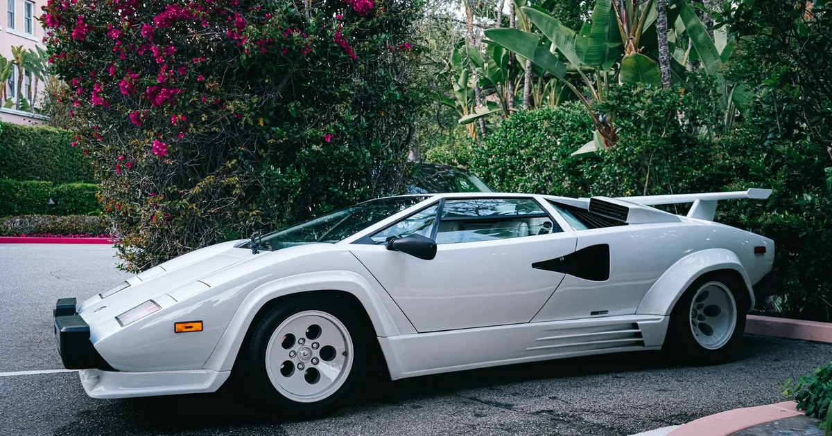 White sports car parked beside lush greenery and colorful flowers.